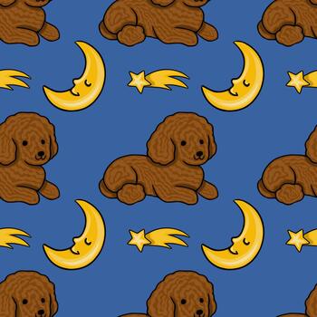 caprichoso modelo presentando un marrón caniche perro descansando debajo un sonriente creciente Luna y un disparo estrella en un profundo azul antecedentes. vector