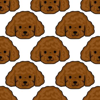 A charming seamless pattern featuring a repeating motif of adorable brown toy poodle faces with curly fur and friendly expressions against a clean white background. vector