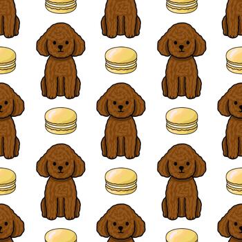 A charming pattern featuring adorable brown toy poodles and yellow macarons, creating a sweet and playful repeating motif. vector