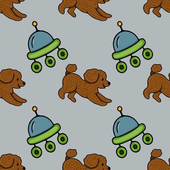 Whimsical pattern featuring a playful brown poodle encountering a retro style flying saucer with green wheels against a muted grey background. vector