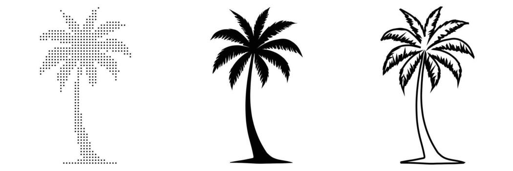 Jungle Tree in Three Graphic Styles Solid Silhouette, Dot Matrix, and Outline Drawing with Hanging Vines vector
