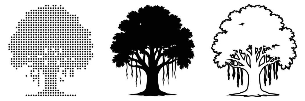 Palm Tree in Three Visual Styles Solid Silhouette, Dot Matrix, and Outline Drawing with Curved Trunk vector