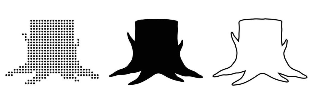 Tree in Three Visual Styles Solid Silhouette, Dot Matrix, and Outline Drawing with Branch Structure vector