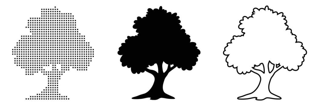 Tree Stump in Three Graphic Styles Solid Silhouette, Halftone Dot Matrix, and Outline Drawing vector