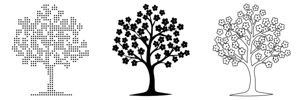 Willow Tree in Three Artistic Styles Solid Silhouette, Dot Matrix, and Outline Drawing with Hanging Branches vector