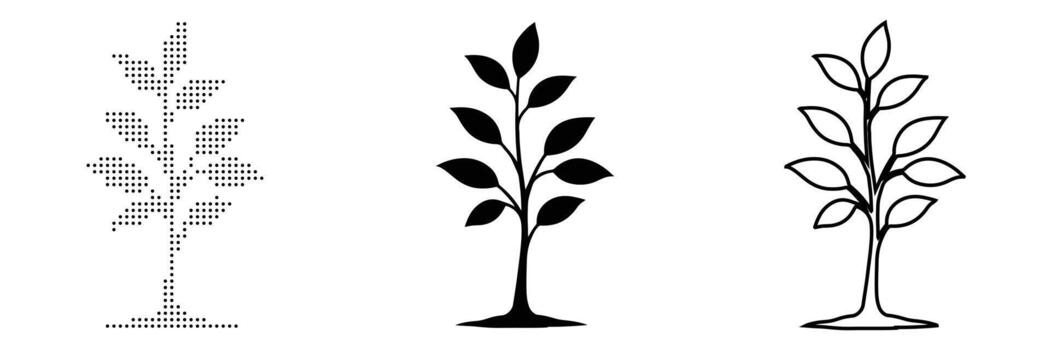 Leafless Tree in Three Artistic Styles Solid Silhouette, Dot Matrix, and Outline Drawing with Branch Detail vector