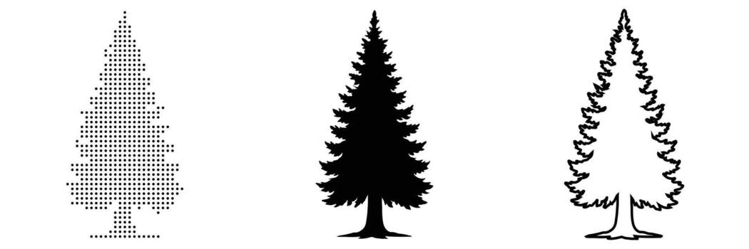 Rounded Tree in Three Graphic Styles Solid Silhouette, Dot Matrix, and Outline Drawing with Curved Trunk vector