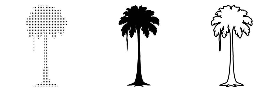 Palm Tree in Three Graphic Styles Solid Silhouette, Halftone Dot Matrix, and Outline Drawing vector