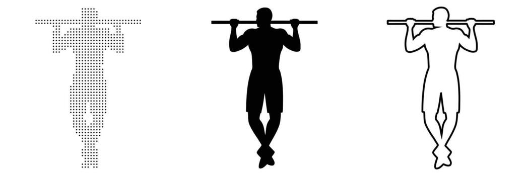 Pull Up Exercise in Three Graphic Styles Solid Silhouette, Dotted Figure, and Outline Drawing vector