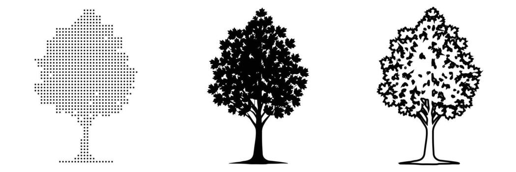 Pine Tree in Three Artistic Styles Solid Silhouette, Halftone Dot Matrix, and Outline Drawing vector