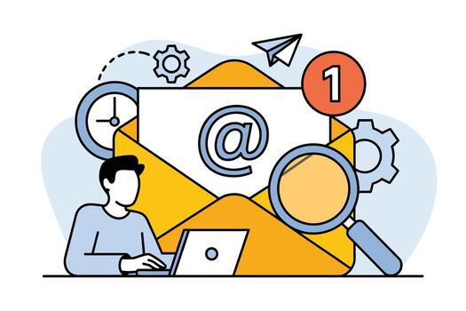 persona utilizando ordenador portátil con correo electrónico símbolo y engranajes alrededor eso en un amarillo antecedentes con reloj y papel avión íconos vector