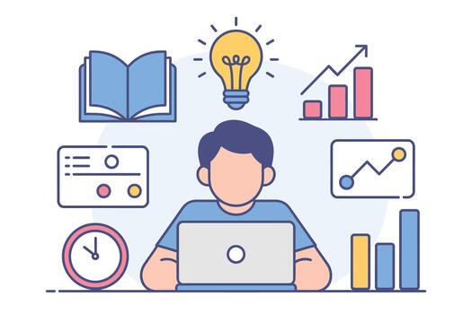 persona trabajando en ordenador portátil con libro, gráficos, y reloj en oficina configuración, plano ilustración vector