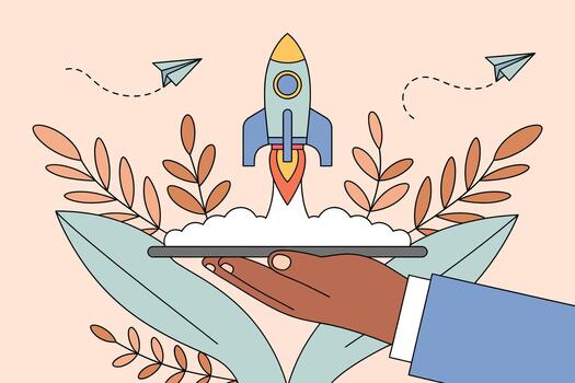 cohete lanzamiento desde manos con papel avión y hojas en antecedentes plano ilustración vector