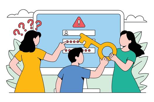 Children receiving a key to access a digital login screen with parents watching and questioning the process vector