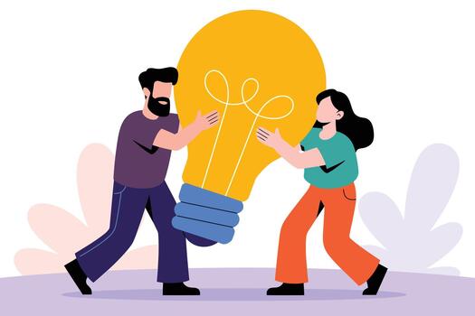 Two people carrying a large light bulb with a drawing of a brain inside it together in a minimalist style with soft background vector