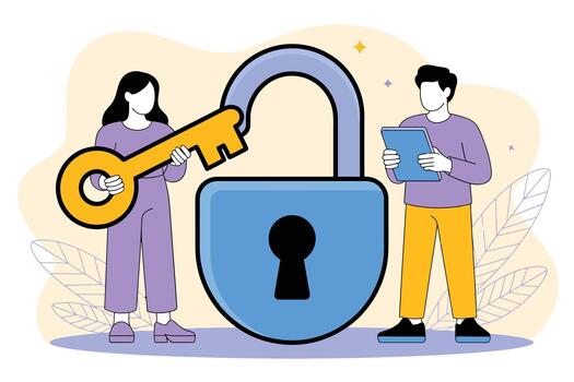 Two people holding a large key and tablet near an open padlock on a light background with leaf accents vector