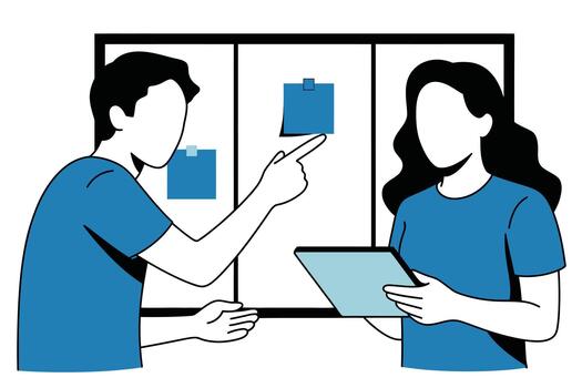 Two people discussing sticky notes on a window while holding a tablet in an office setting minimalist line drawing vector