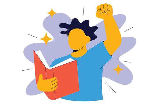 persona leyendo libro con emoción y energía rodeado por estrellas y resumen formas en un vibrante y dinámica estilo vector