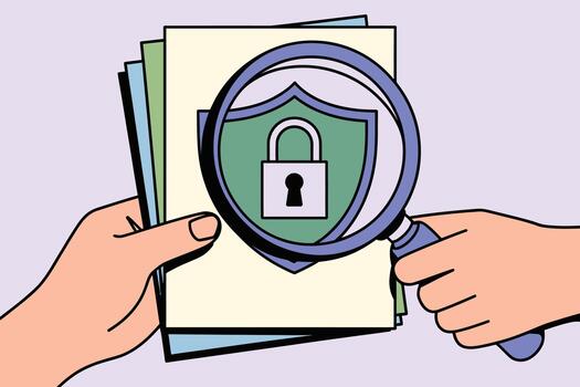 manos participación documentos con aumentador vaso terminado seguridad proteger y bloquear símbolo en papel antecedentes en dibujos animados estilo vector