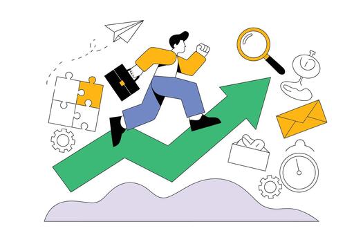 empresario corriendo arriba verde flecha con oficina objetos y engranajes en antecedentes mínimo plano estilo ilustración vector