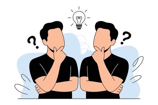 Two men thinking deeply with lightbulb idea above them in a minimalist flat illustration style vector