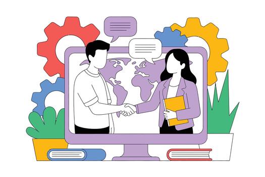 dos profesionales sacudida manos durante un llamada con libros y engranajes en el antecedentes plano ilustración vector