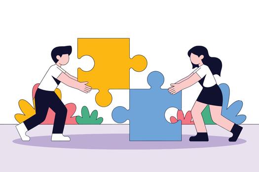 Two People Pushing Large Puzzle Pieces Together on a Flat Surface with Colorful Background Elements in a Flat Illustration Style vector