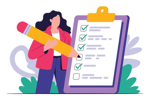 Woman holding pencil checking items on clipboard with checkmarks and empty boxes on paper in modern flat style vector