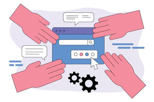 Hands interacting with a digital interface featuring a search bar and buttons with speech bubbles and gears in the background vector