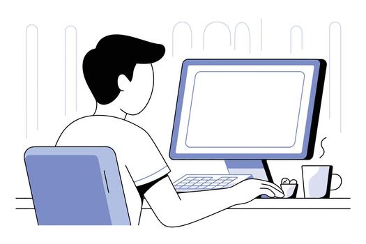 Person typing on computer keyboard with laptop and coffee cup on desk with window background in minimalist line drawing style vector