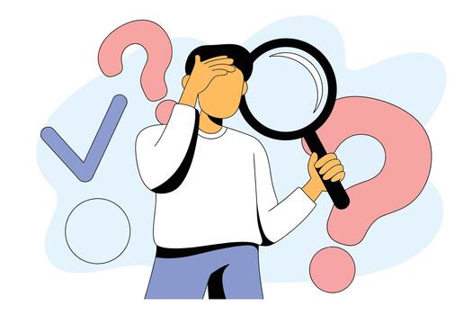 persona participación aumentador vaso con pregunta marcas y cheque marca alrededor ellos en un ligero azul antecedentes vector