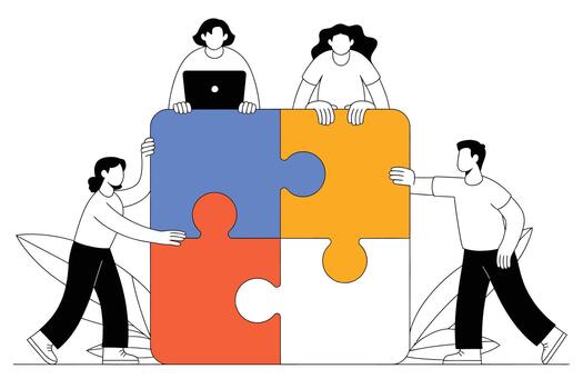 personas trabajando juntos a conectar grande vistoso rompecabezas piezas en un trabajo en equipo ajuste con un minimalista línea Arte estilo vector