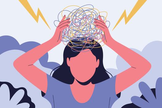 Woman with tangled colorful strings around her head experiencing stress with lightning bolts in background vector