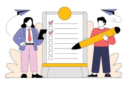 Two people checking off items on a checklist with a large pencil and a tablet in a minimalist office setting vector