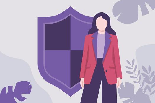 Woman standing confidently in front of shield with protective symbol and abstract background featuring leaves and shapes vector