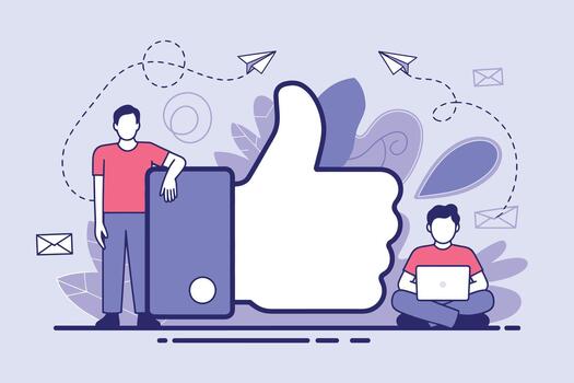 dos personas interactuando con un grande pulgares arriba icono y digital dispositivos en un moderno resumen antecedentes vector