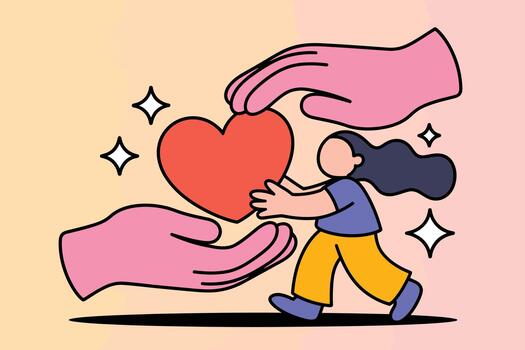 Child holding large red heart with hands while walking under pink and purple swirling clouds with sparkles vector