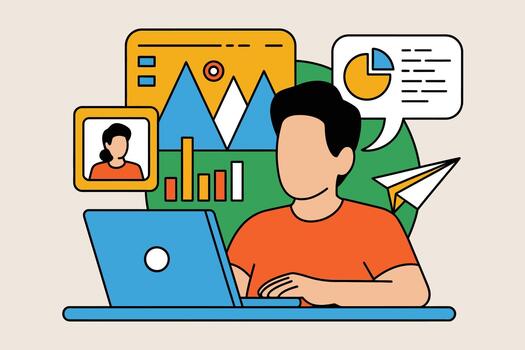 Person working on laptop with data charts, graphs, and call on screen in modern flat illustration style vector