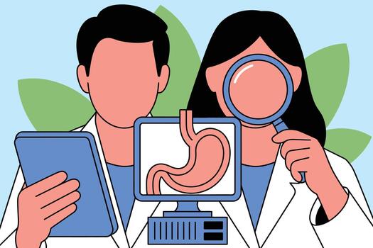 Medical professionals examining digestive system on computer screen with tablet and magnifying glass in laboratory setting vector