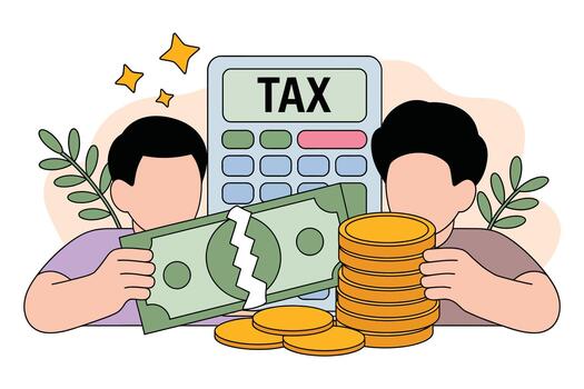 Two people calculating taxes with money and coins on a table with a calculator and a plant in the background vector