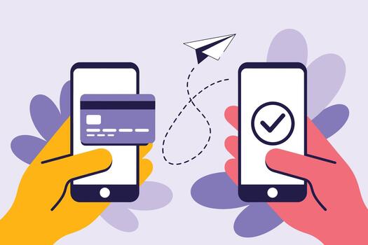manos participación teléfonos inteligentes con crédito tarjeta y marca de verificación íconos demostración digital pago confirmación proceso en móvil dispositivos vector