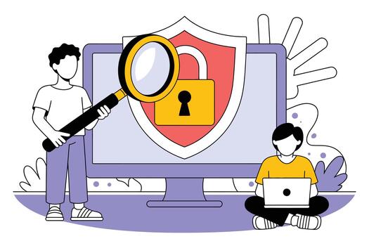 dos personas examinando un computadora pantalla con un aumentador vaso terminado un proteger con un bloquear símbolo representando la seguridad cibernética vector