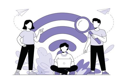 personas trabajando con ordenador portátil y aumentador vaso en inalámbrico red antecedentes con resumen formas y papel aviones vector