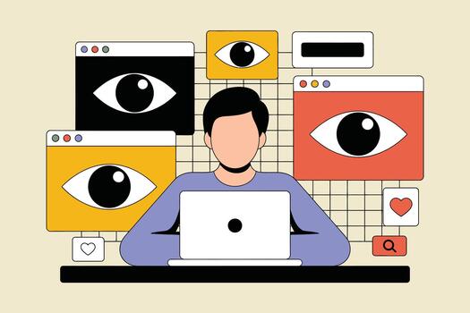 Person using laptop surrounded by large eyes on computer screens in a grid background with social media icons vector
