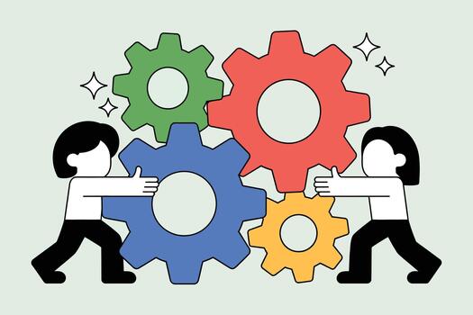 Two people pushing colorful gears together in a teamwork concept with a clean white background in a flat style vector