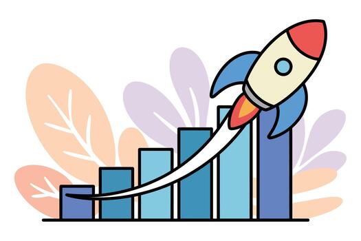 cohete lanzamiento desde bar gráfico con hacia arriba crecimiento tendencia y vistoso floral antecedentes en plano estilo vector