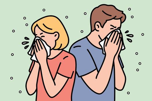 Two people sneezing into tissues together with visible particles in the air on a light green background vector