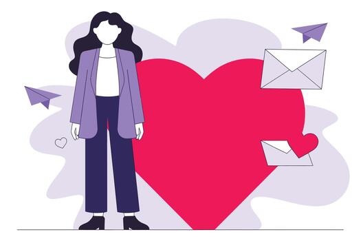 mujer en pie con grande corazón y papel aviones y sobres flotante alrededor en un minimalista estilo vector