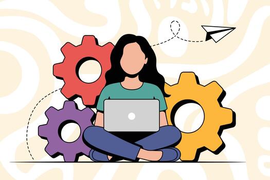 mujer sentado con las piernas cruzadas utilizando ordenador portátil rodeado por grande vistoso engranajes con un papel avión volador en antecedentes vector