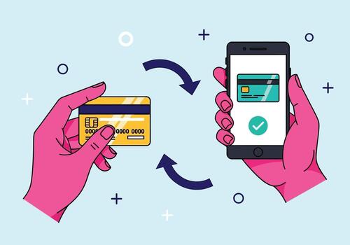 manos participación crédito tarjeta y teléfono inteligente con digital pago aplicación interfaz en pantalla con cheque marca confirmación vector